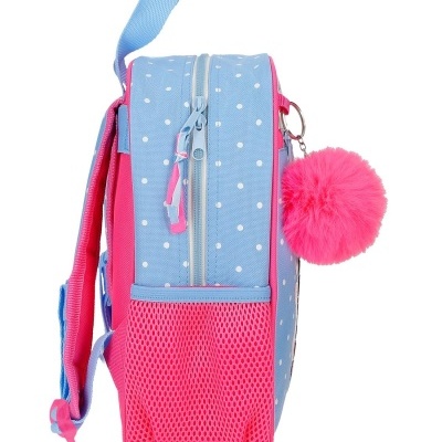 Mochila infantil azul com bolinhas brancas e detalhes cor-de-rosa com pompom