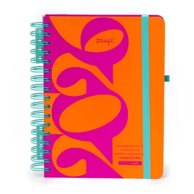 Agenda 2020 com capa dura laranja e rosa com elástico azul claro