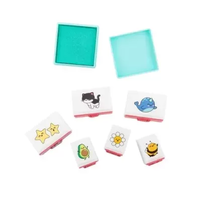 Conjunto de selos de borracha com imagens coloridas e duas tampas quadradas