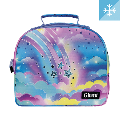 Bolsa térmica com padrão de nuvens coloridas e estrelas, etiqueta Ghuts