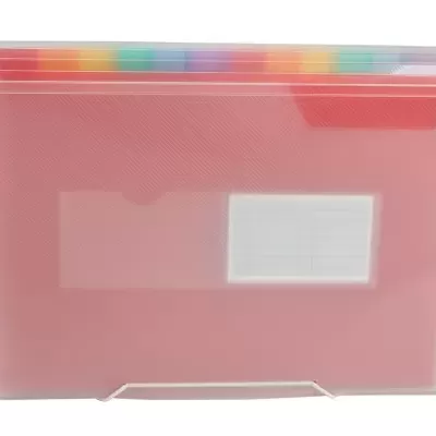 Organizador plástico translúcido com pastas coloridas e fecho elástico branco