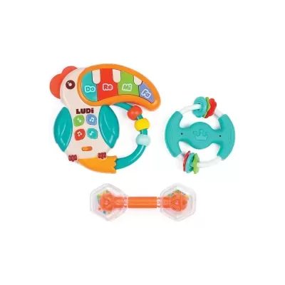 Três brinquedos de bebé coloridos em plástico, incluindo um tucano musical, um anel e um bastão.