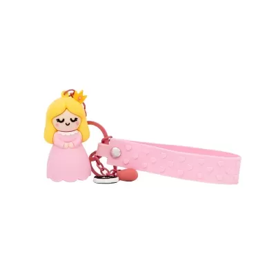 Porta-chaves de princesa cor-de-rosa com correia e corações em relevo