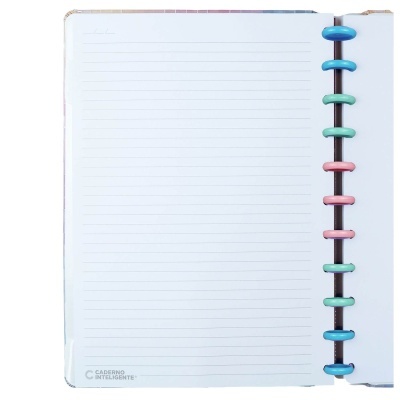 Caderno com páginas pautadas e argolas coloridas
