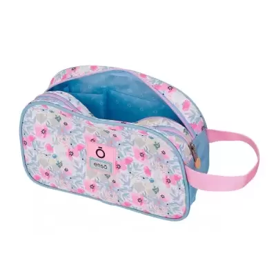 Necessaire floral com alça rosa, interior azul aberto