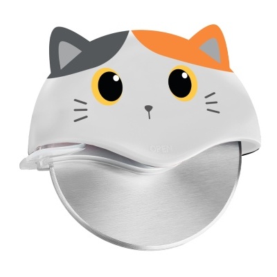 Cortador de pizza com punho em forma de gato colorido e lâmina metálica circular