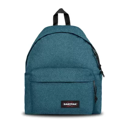 Mochila azul com padrão de pontos e etiqueta EASTPAK