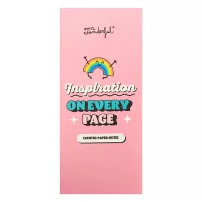 Bloco de notas rosa com desenho de arco-íris e texto colorido