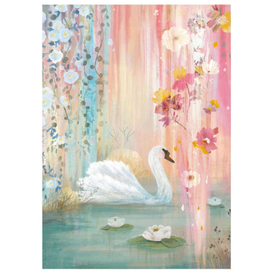 Ilustração de cisne branco num lago com flores e fundo colorido pastel