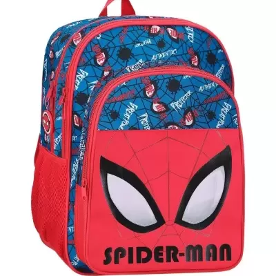Mochila infantil Spider-Man azul e vermelha com olhos grandes e texto Spider-Man