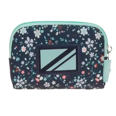 Estojo compacto azul escuro com padrão floral e etiqueta geométrica azul