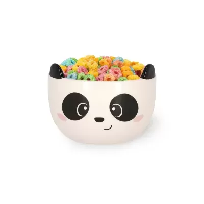 Tigela branca de cerâmica com rosto de panda cheia de cereais coloridos