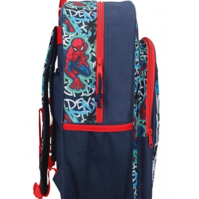 Mochila azul com desenho do Homem-Aranha e detalhes vermelhos