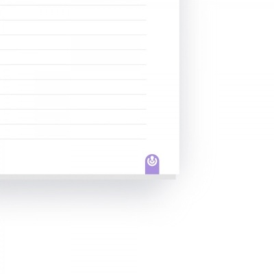 Folha de papel branca com linhas e logotipo roxo no canto inferior direito
