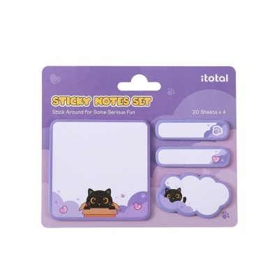 Conjunto de notas autocolantes com desenho de gato preto em fundo roxo.