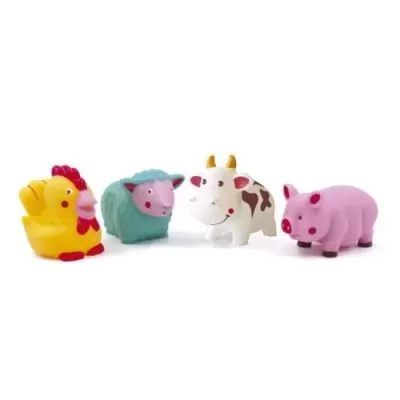 Brinquedos de borracha animais da quinta amarela, azul, branca e rosa