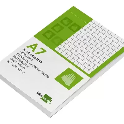 Bloco de notas A7 com capa branca e verde e padrão quadriculado