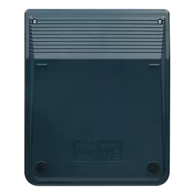 Parte traseira de dispositivo eletrônico cinza escuro com ranhuras e parafusos