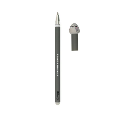 Caneta cinzenta com tampa em forma de cabeça de gato e texto 'I HAVE A BIG SMILE'