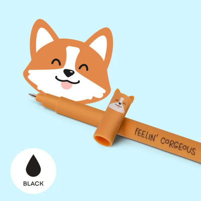 Caneta marca-texto laranja com tampa decorada com cara de cão e texto FEELIN' CORGEOUS