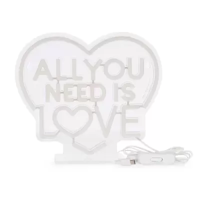 Luz de néon branca decorativa com texto e cabo USB.