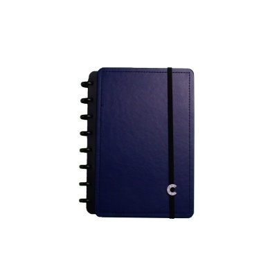 Caderno azul escuro com elástico preto e argolas pretas