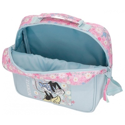 Mala azul clara com tampa rosa floral e imagem da Minnie Mouse aberta