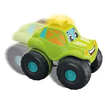Brinquedo carrinho todo-o-terreno verde com olhos e sorriso na frente