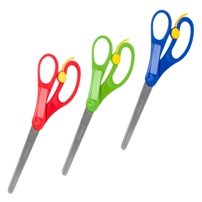 Três tesouras infantis coloridas com lâminas metálicas