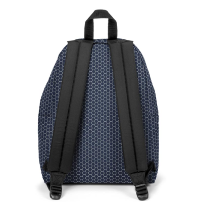 Mochila azul escuro com padrão hexagonal branco vista de trás