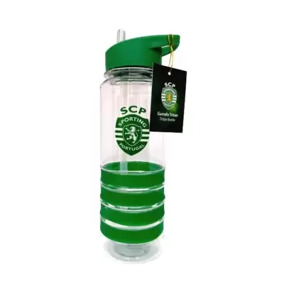 Garrafa desportiva transparente com tampa e acessórios verdes e logótipo SCP Sporting Portugal