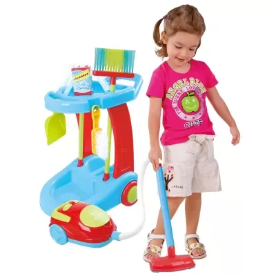 Brinquedo de limpeza infantil colorido com menina a brincar