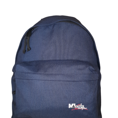Mochila azul escura de tecido com bolso frontal e texto bordado MACONI Original