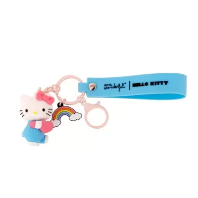 Porta-chaves Hello Kitty com fita azul e pendentes coloridos