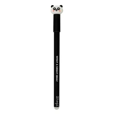 Caneta preta com borracha de topo em forma de panda sorridente.