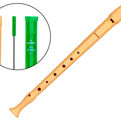 Flauta doce soprano bege com escova e capa verdes