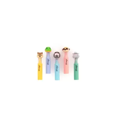 Canetas com tampas decoradas com figuras de animais coloridos.