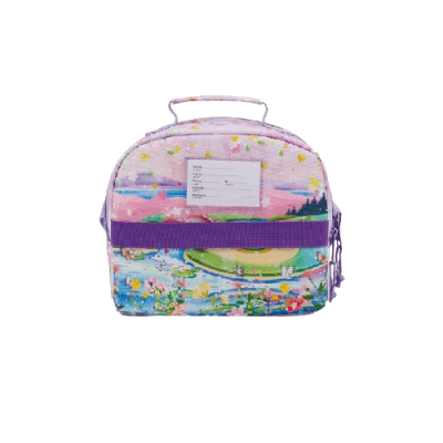Mala com padrão colorido floral e etiqueta para preenchimento de dados pessoais