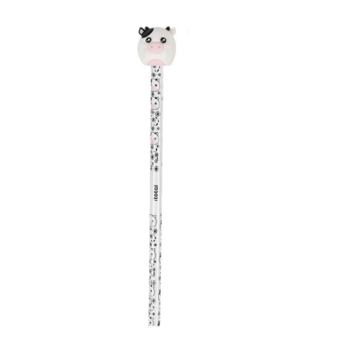 Lápis branco com borracha em forma de cabeça de vaca colorida