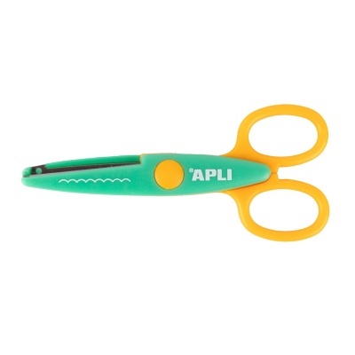 Tesoura verde e amarela com ponta protegida e marca APLI