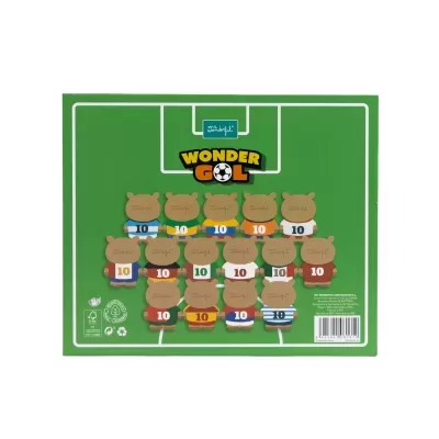 Parte traseira de jogo Wonder Gol com bonecos ursinhos em campo de futebol verde