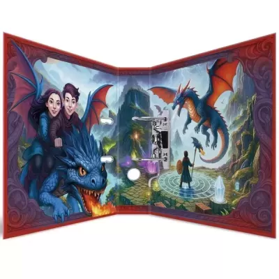 Interior de caixa de CD/DVD com ilustração de fantasia com dragões e jovens personagens