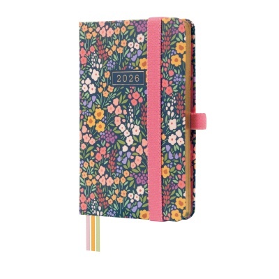 Agenda 2026 com capa floral e elástico rosa
