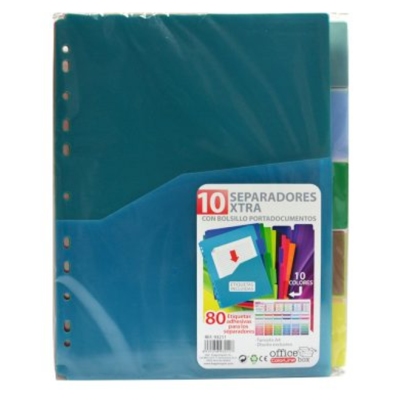 Conjunto de 10 separadores coloridos com bolso porta-documentos em embalagem plastica