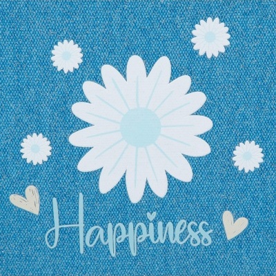 pano azul com flores brancas e texto Happiness