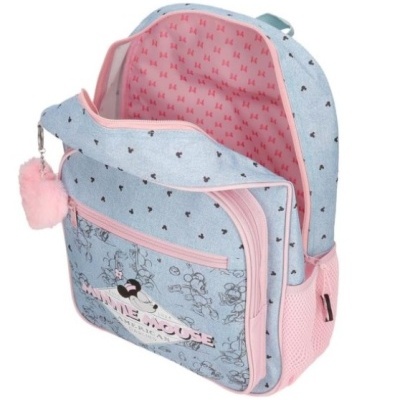 Mochila azul com padrão de corações e Minnie Mouse com detalhes cor-de-rosa