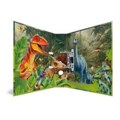Painel dobrável com dinossauros coloridos em floresta tropical
