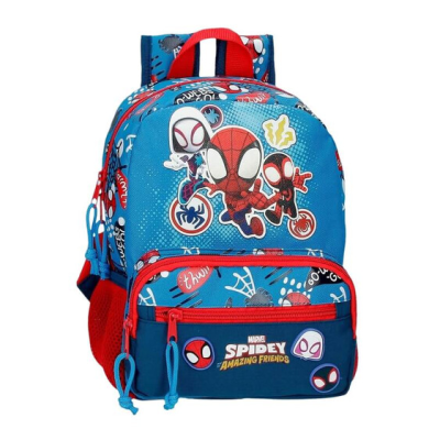 Mochila infantil azul com personagens Spider-Man e detalhes vermelhos