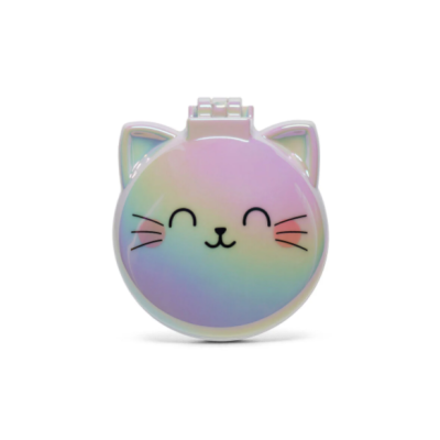 Compacto redondo com rosto de gato e acabamento iridescente pastel