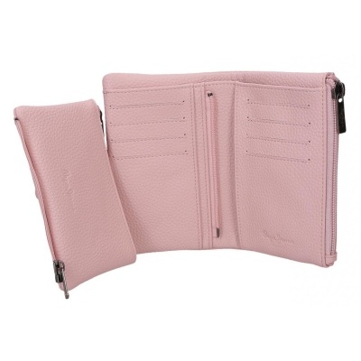 Carteira e porta-moedas em pele rosa com fechos prateados e várias divisórias